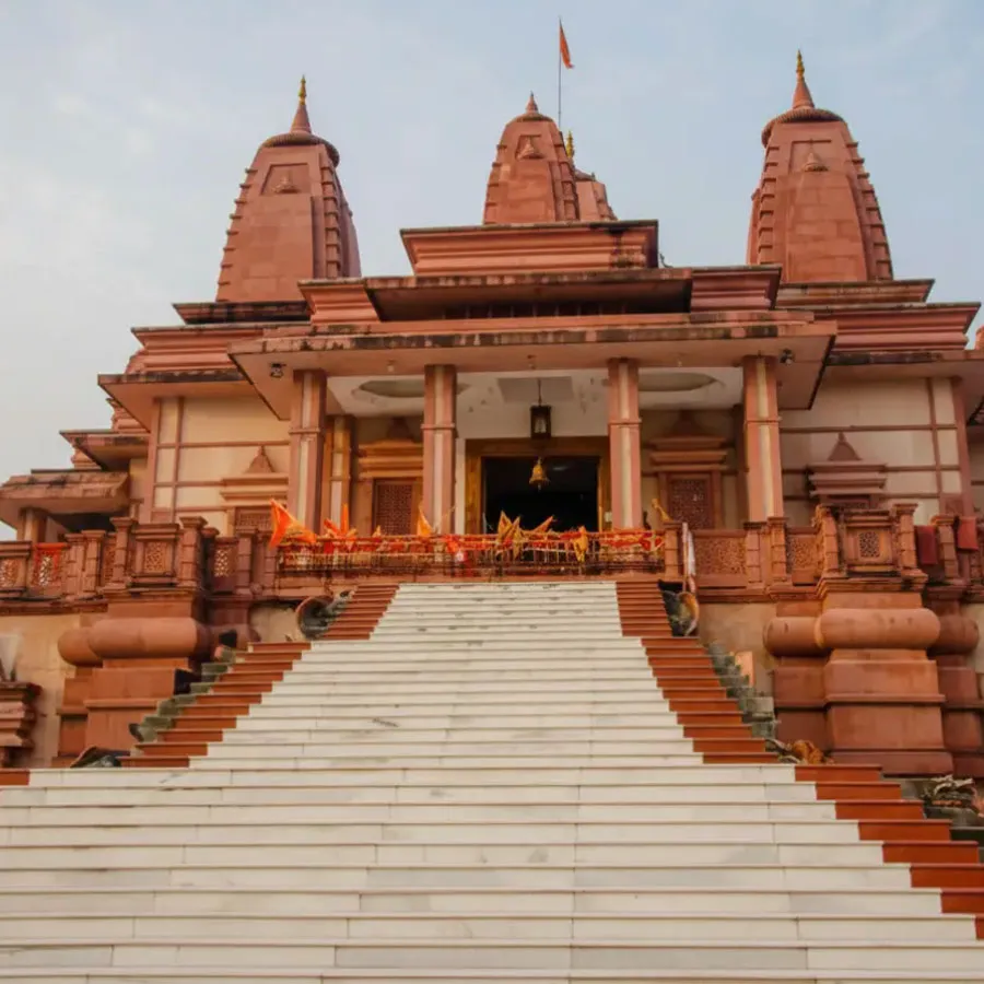 Shri Hanuman Dham Temple with red-sandstone towers