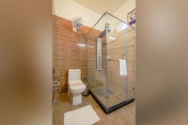 Deluxe Room bathroom with glass-enclosed shower
